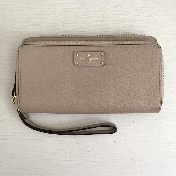 Kate Spade NY Anita Double Zippered Wallet Wristlet Taupe Beige Leather - Picture 1 of 12